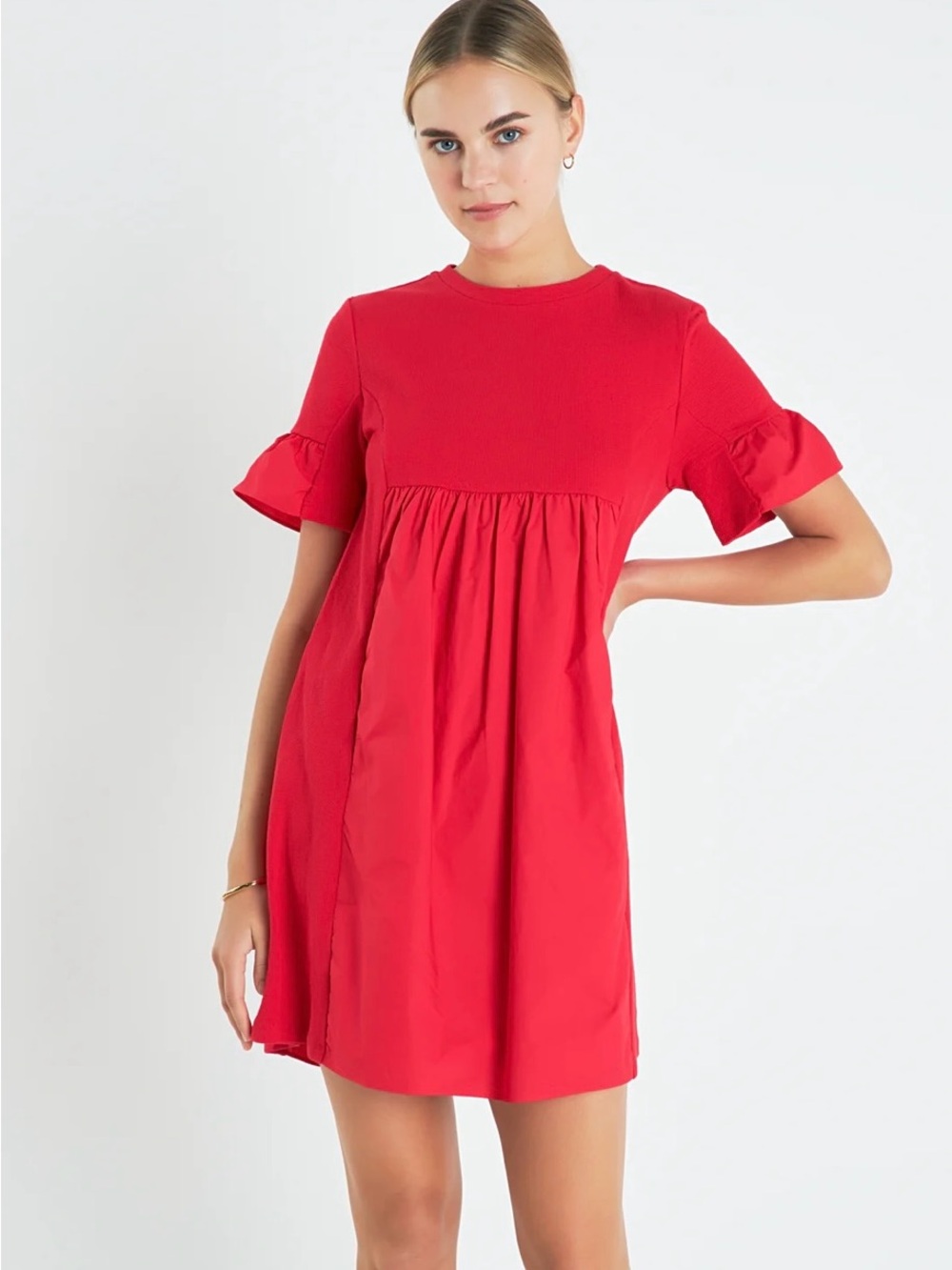 English Factory Red Ruffle-Sleeve Babydoll Mini Dress